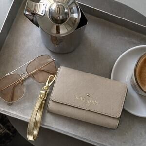 Kate Spade Y2K Taupe Saffiano Leather Wristlet Wallet w/ Mirror & Gold Hardware